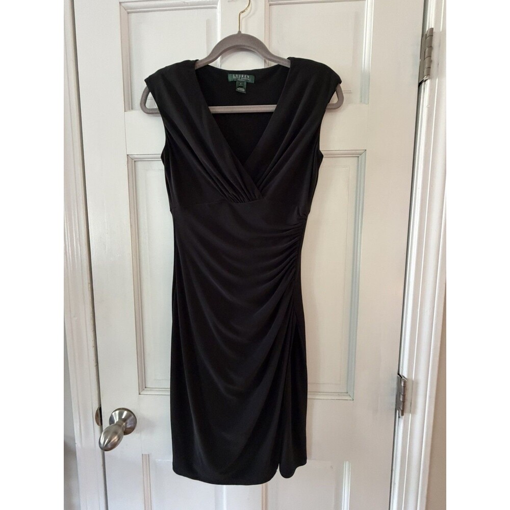 Lauren Ralph Lauren Midi Dress Sleeveless Faux Wrap Size 2 Empire Waist Ruched